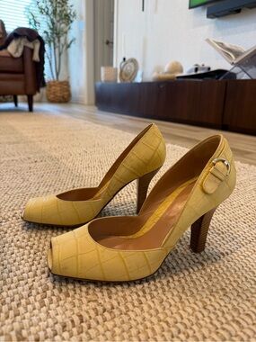 Sergio Rossi Yellow Croc-Embossed Peep-Toe Pumps